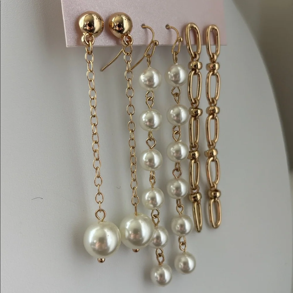 Daisy Fuentes 3 pk. Goldtone chains,pearl like,post & fishhook dangle earrings